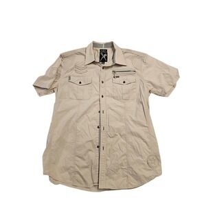 Marc Ecko Cut & Sew Mens XL Tan Khaki Short Sleeve Button Utility Shirt Cotton